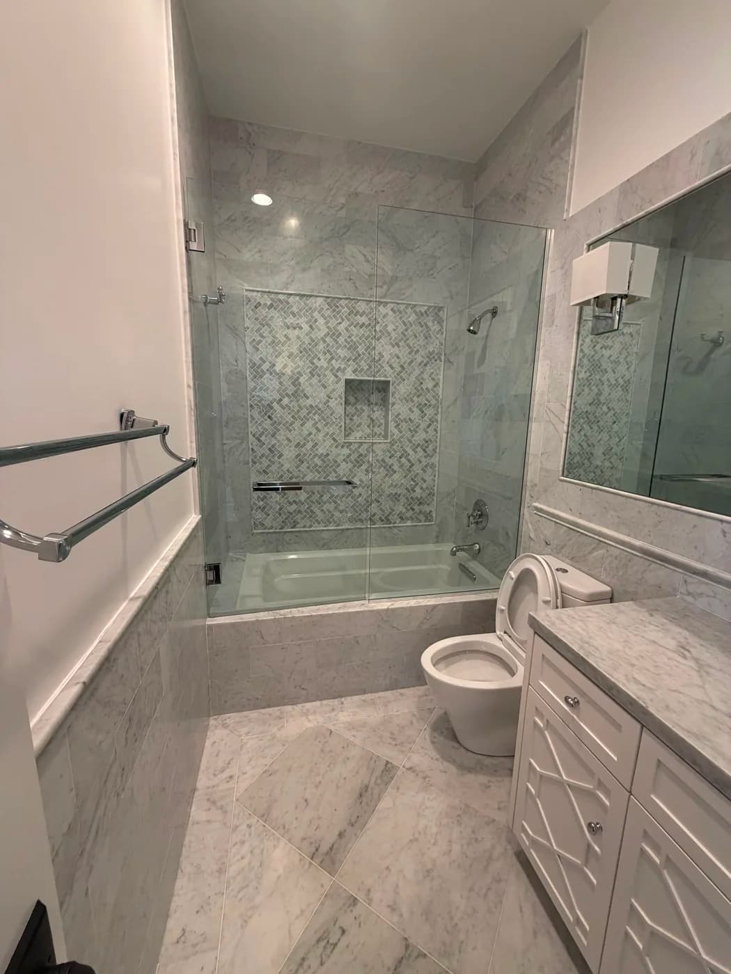 Marble tile bathroom shower and tub remodel by Top Tech Builders